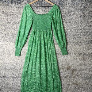 Rixo Dress Womens Small Green White Floral Long Sleeve Smocked Maxi Silk Viscose